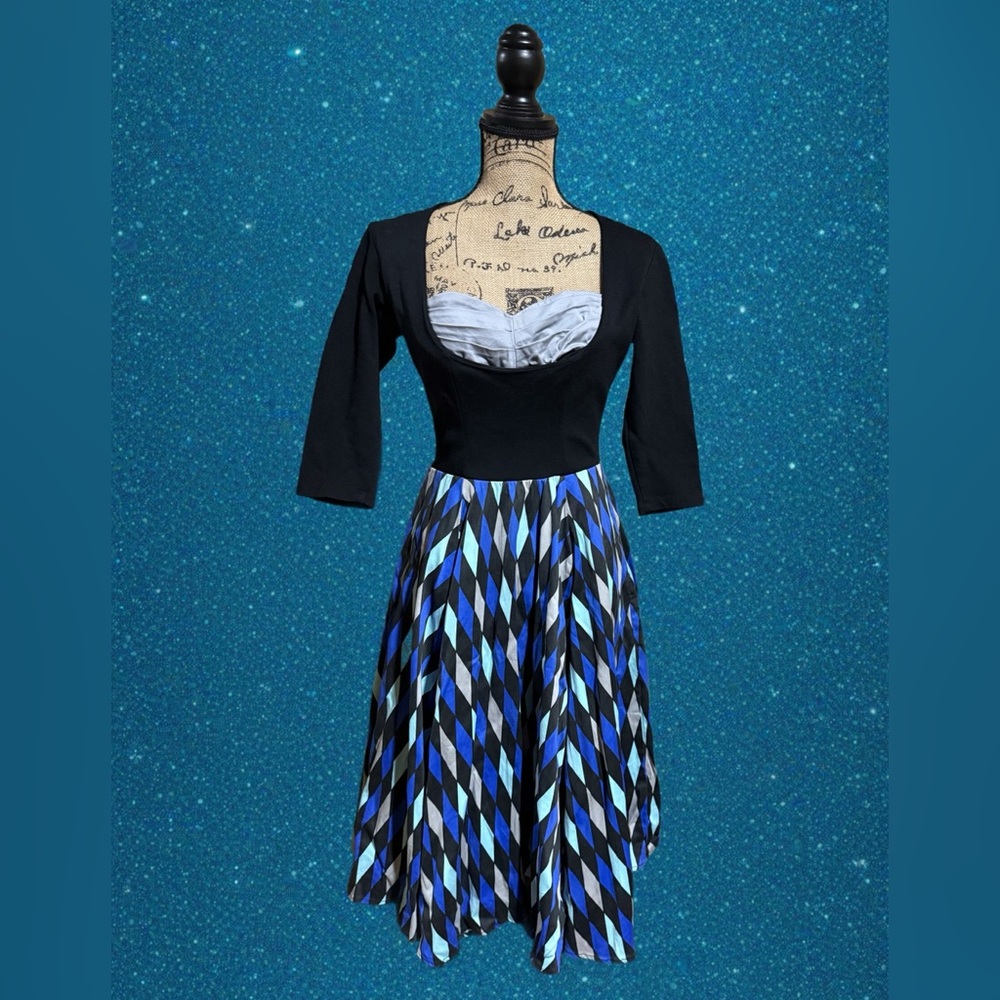 Laura Byrnes Blue Diamond Harlequin Pinup Couture Alfreda Dress